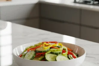 A bowl of fresh cucumber pepper salad with sliced cucumbers and colorful bell peppers