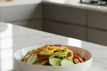 A bowl of fresh cucumber pepper salad with sliced cucumbers and colorful bell peppers