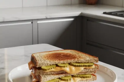 Close-up of a golden-brown dill pickle grilled cheese sandwich sliced in half to show melted cheese and pickles
