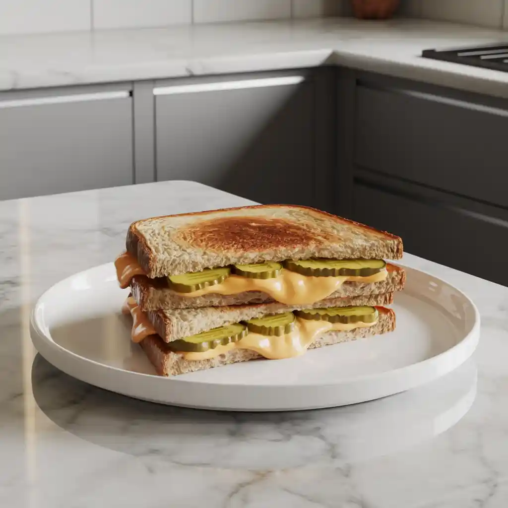 Close-up of a golden-brown dill pickle grilled cheese sandwich sliced in half to show melted cheese and pickles