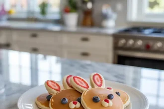 Plate with colorful Easter Bunny Pancakes topped with fruits and syrup, perfect for a festive breakfast