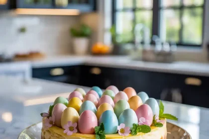 Colorful and creamy easter egg cheesecake topped with mini chocolate eggs and pastel decorations