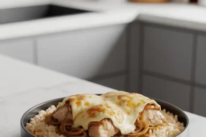 Freshly baked french onion chicken and rice bake in a casserole dish with golden melted cheese on top