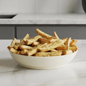 Golden brown garlic parmesan fries air fryer cooked and served in a basket