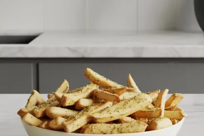 Golden brown garlic parmesan fries air fryer cooked and served in a basket
