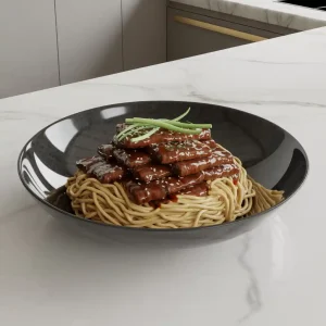 A bowl of savory hoisin beef noodles garnished with green onions and sesame seeds