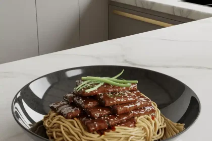 A bowl of savory hoisin beef noodles garnished with green onions and sesame seeds