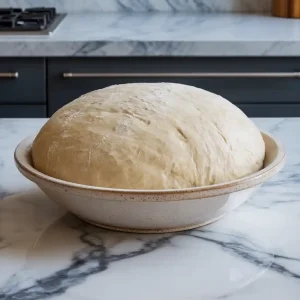 Freshly prepared homemade pizza dough recipe on a floured surface, ready to be shaped and baked