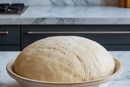 Freshly prepared homemade pizza dough recipe on a floured surface, ready to be shaped and baked