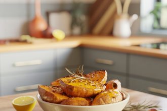 A bowl of honey roasted sweet potatoes garnished with fresh herbs on a wooden table