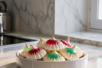 A tray of colorful jello meringue cookies in pink, yellow, and blue swirls on a parchment-lined baking sheet