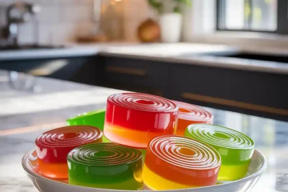 A plate of bright and colorful jello roll ups arranged in a swirl pattern on a wooden table