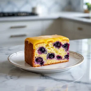 Freshly baked lemon blueberry sheet cake topped with icing and garnished with blueberries and lemon zest
