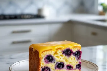 Freshly baked lemon blueberry sheet cake topped with icing and garnished with blueberries and lemon zest