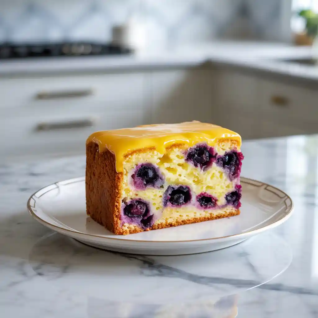 Freshly baked lemon blueberry sheet cake topped with icing and garnished with blueberries and lemon zest