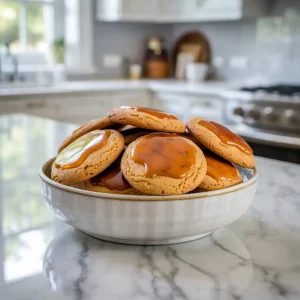 Freshly baked maple cookies with maple icing on a cooling rack