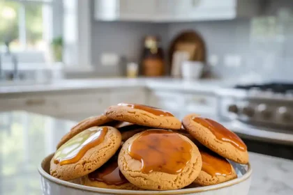 Freshly baked maple cookies with maple icing on a cooling rack