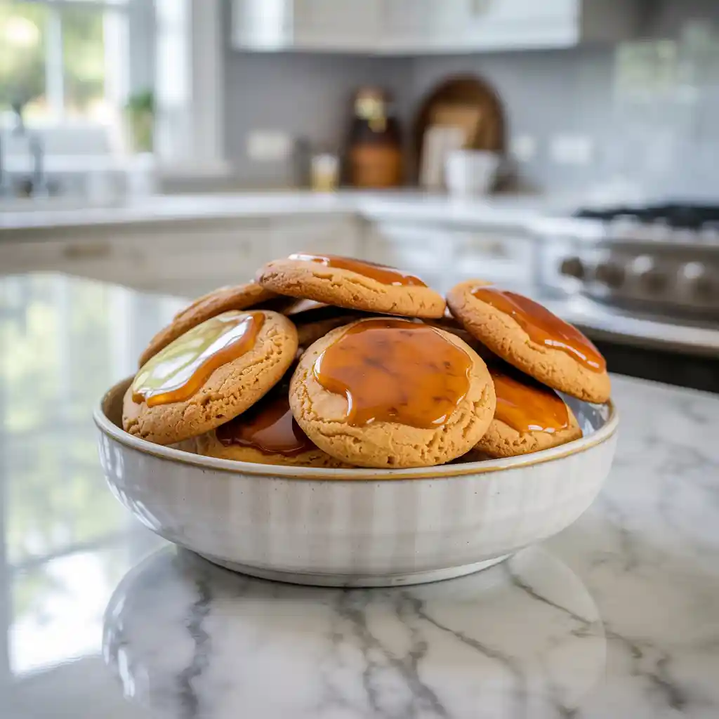Freshly baked maple cookies with maple icing on a cooling rack