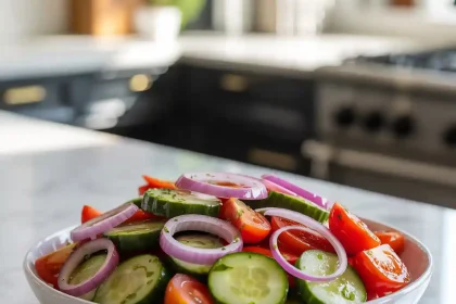 A bowl filled with colorful marinated cucumbers onions and tomatoes garnished with herbs