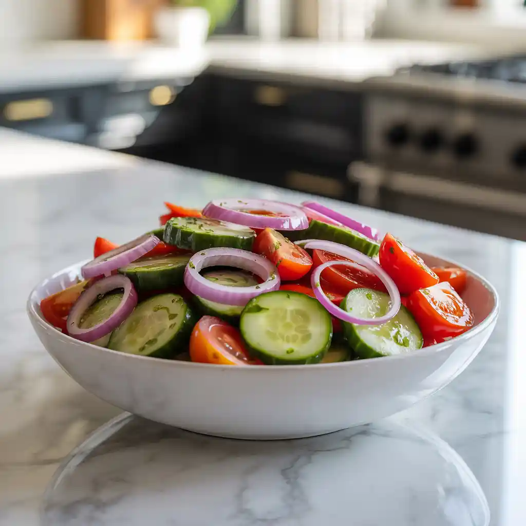 A bowl filled with colorful marinated cucumbers onions and tomatoes garnished with herbs