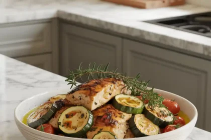 A freshly baked mediterranean chicken zucchini bake in a white ceramic dish, garnished with herbs and sliced lemon.