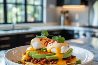 A plate of Mexican Eggs Benedict topped with avocado, poached eggs, and spicy hollandaise sauce on a toasted English muffin