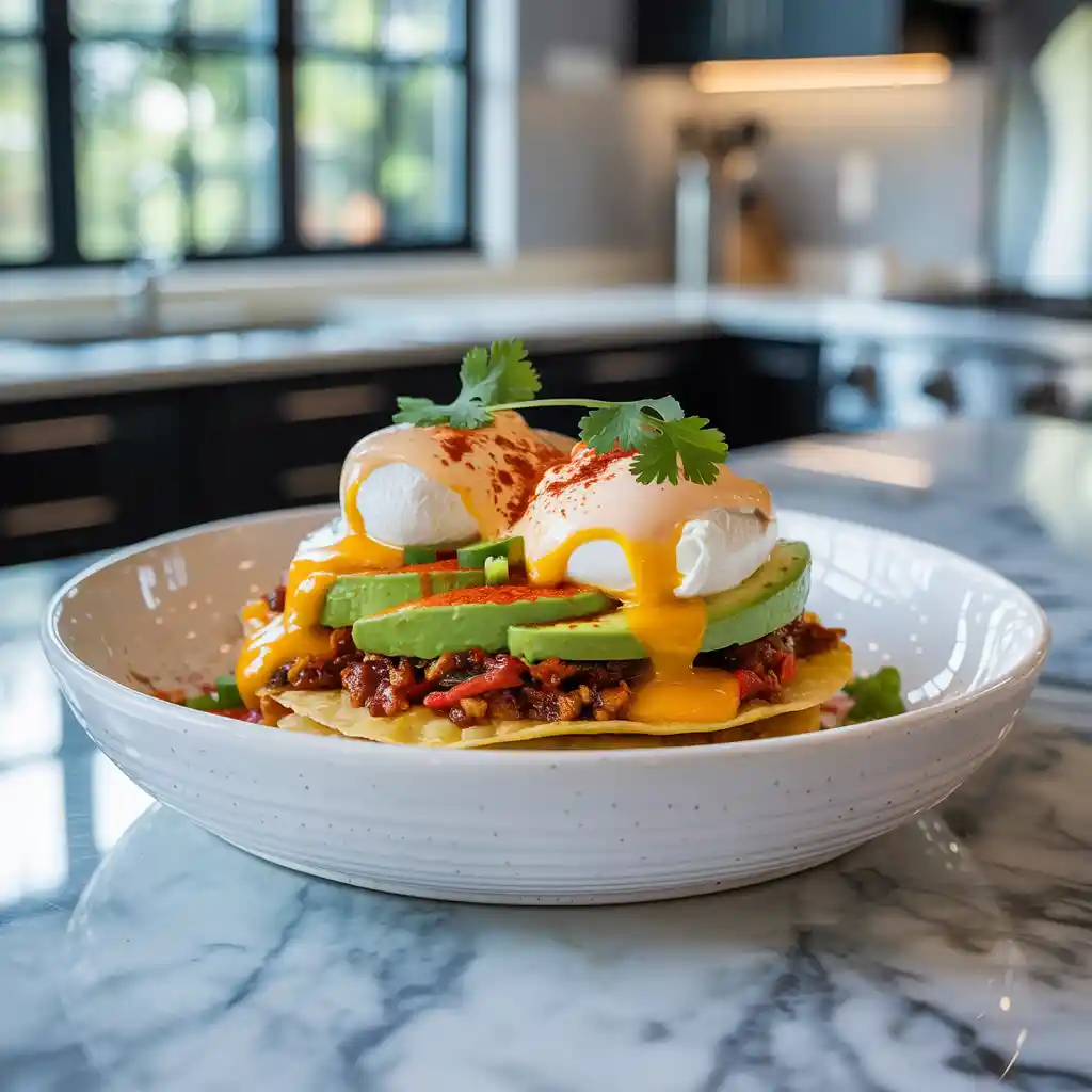 A plate of Mexican Eggs Benedict topped with avocado, poached eggs, and spicy hollandaise sauce on a toasted English muffin