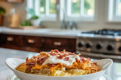 Baked million dollar potato casserole in a white dish topped with melted cheese and crispy crumbs