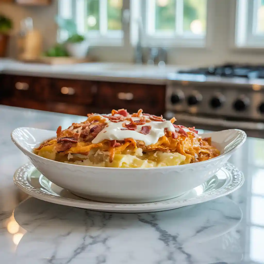 Baked million dollar potato casserole in a white dish topped with melted cheese and crispy crumbs