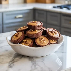 Close-up of mini chocolate peanut butter pies topped with chocolate drizzle on a wooden serving tray