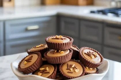 Close-up of mini chocolate peanut butter pies topped with chocolate drizzle on a wooden serving tray