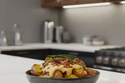 A serving of the cheesy and savory Mississippi mud potatoes recipe, featuring golden-baked potatoes topped with bacon and herbs