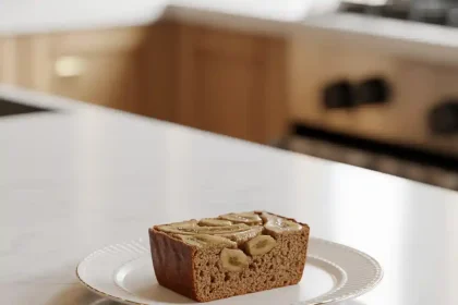 A freshly baked loaf of old fashioned banana bread sliced on a wooden cutting board