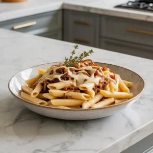 A steaming bowl of one pot french onion pasta topped with caramelized onions and melted cheese