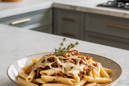 A steaming bowl of one pot french onion pasta topped with caramelized onions and melted cheese