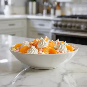 A bowl of orange creamsicle salad featuring vibrant orange segments and creamy whipped topping