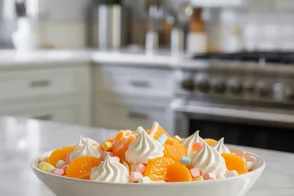 A bowl of orange creamsicle salad featuring vibrant orange segments and creamy whipped topping