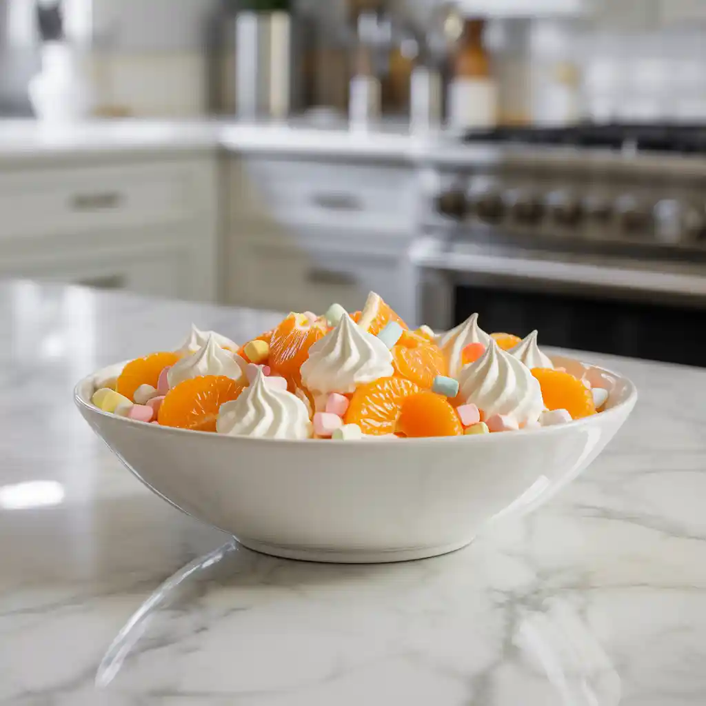 A bowl of orange creamsicle salad featuring vibrant orange segments and creamy whipped topping