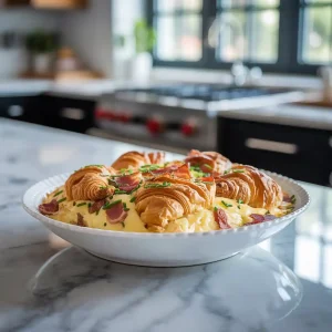 Baked overnight croissant breakfast casserole topped with golden melted cheese in a white casserole dish