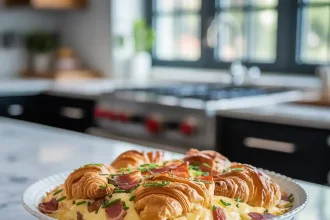 Baked overnight croissant breakfast casserole topped with golden melted cheese in a white casserole dish