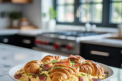 Baked overnight croissant breakfast casserole topped with golden melted cheese in a white casserole dish