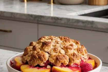 Freshly baked peach raspberry cobbler in a white dish with a golden crust and bubbling fruit filling