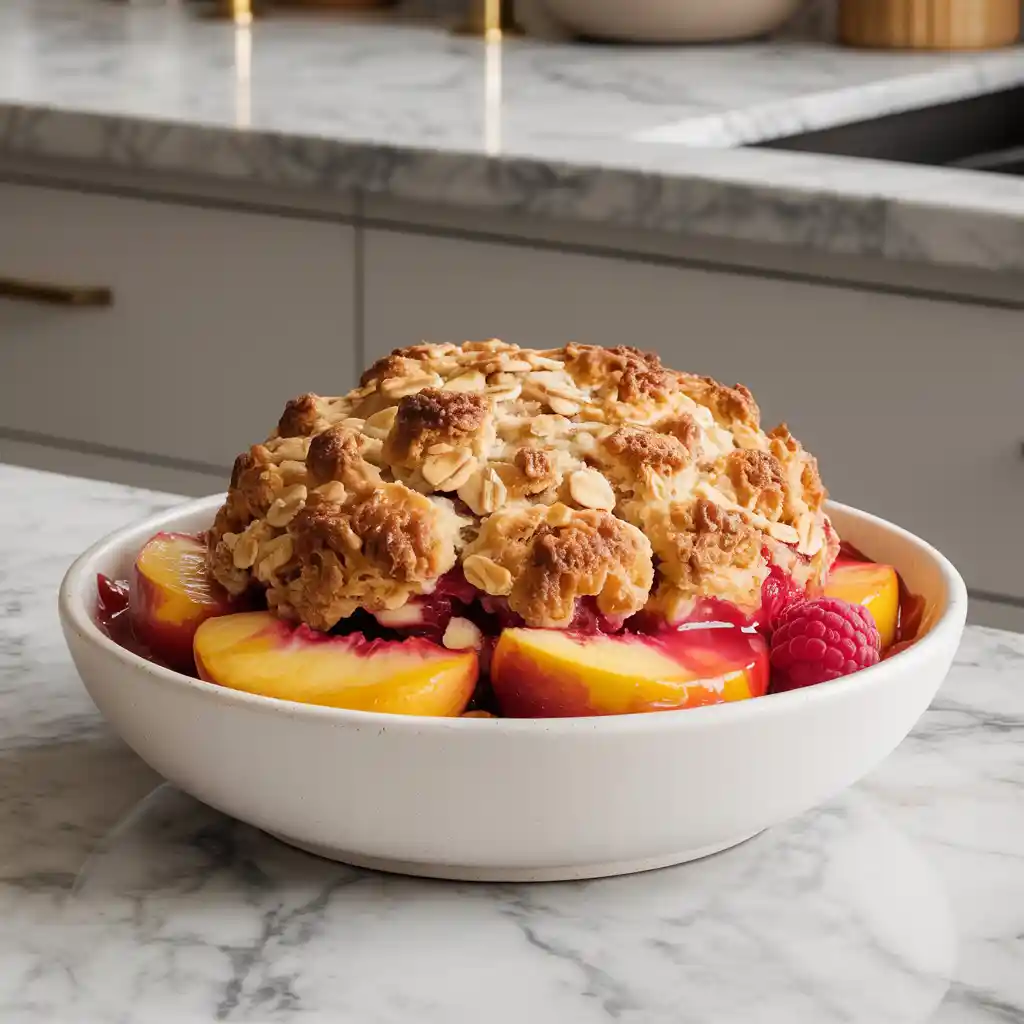 Freshly baked peach raspberry cobbler in a white dish with a golden crust and bubbling fruit filling