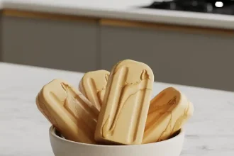A tray of homemade peanut butter frozen yogurt bars cut into squares and ready to serve