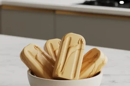 Homemade peanut butter frozen yogurt bars stacked on a white plate
