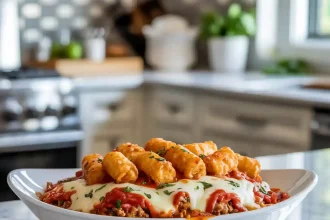 Baked pizza tater tot casserole with melted cheese and pepperoni in a casserole dish