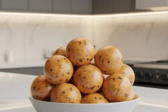 A plate full of festive pumpkin oreo balls covered in white chocolate and topped with orange sprinkles