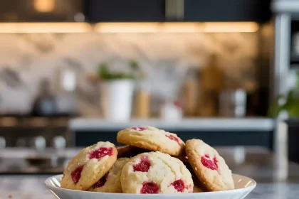 Freshly baked raspberry sugar cookies on a cooling rack
