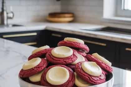 Freshly baked red velvet cookies with cream cheese frosting on a white plate