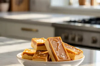 A batch of freshly baked salted caramel butter bars cut into squares on a cooling rack